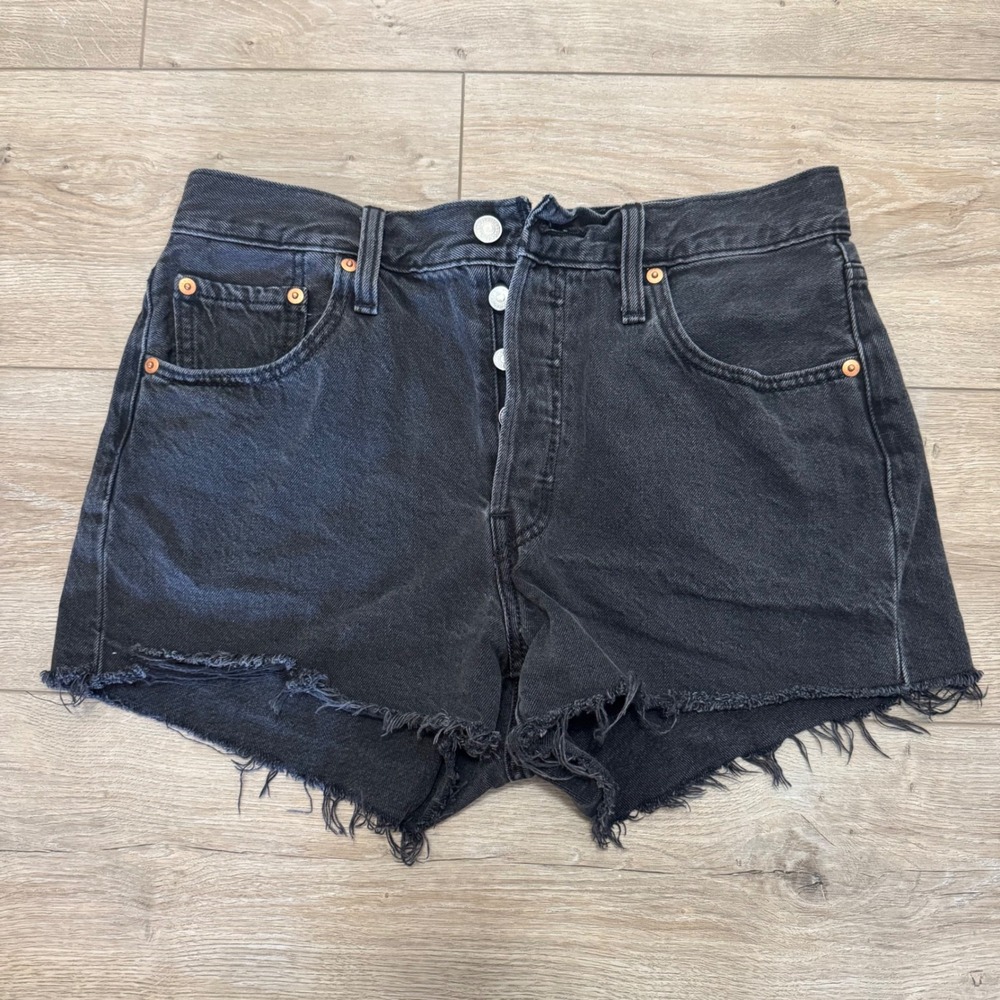 Levi's 501 Original Shorts Womens W29 Black Denim Cutoff Button Fly Raw Hem